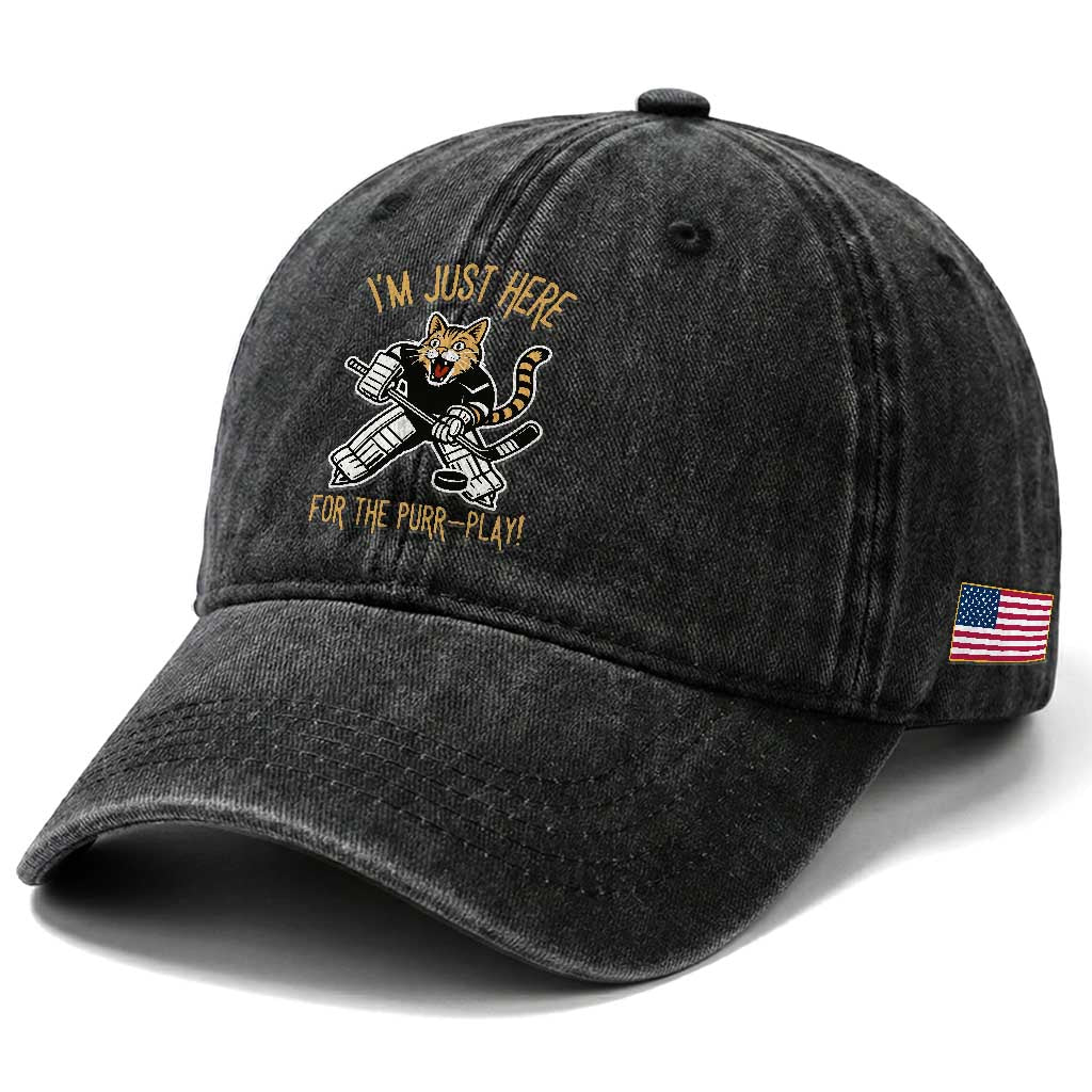 Vintage Cat Hockey Goalie Washed Cotton Baseball Cap Funny Im Just Here For The Purr Play Gift TS12 Print Your Wear