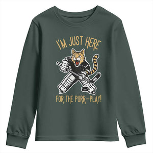 Vintage Cat Hockey Goalie Youth Sweatshirt Funny Im Just Here For The Purr Play Gift TS12 Dark Forest Green Print Your Wear