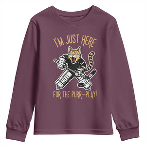 Vintage Cat Hockey Goalie Youth Sweatshirt Funny Im Just Here For The Purr Play Gift TS12 Maroon Print Your Wear