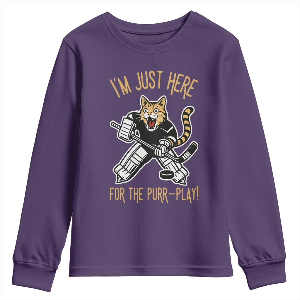 Vintage Cat Hockey Goalie Youth Sweatshirt Funny Im Just Here For The Purr Play Gift TS12 Purple Print Your Wear
