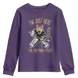 Vintage Cat Hockey Goalie Youth Sweatshirt Funny Im Just Here For The Purr Play Gift TS12 Purple Print Your Wear