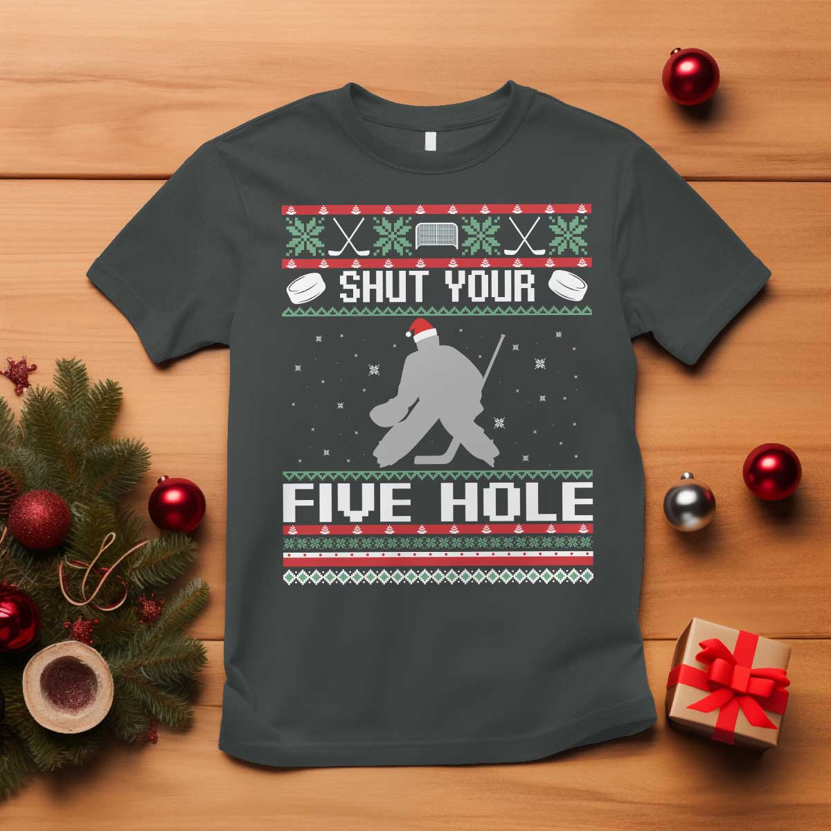Funny Hockey Goalie Ugly Christmas Gift T Shirt Shut Your Five Hole TS12 Dark Heather Print Your Wear