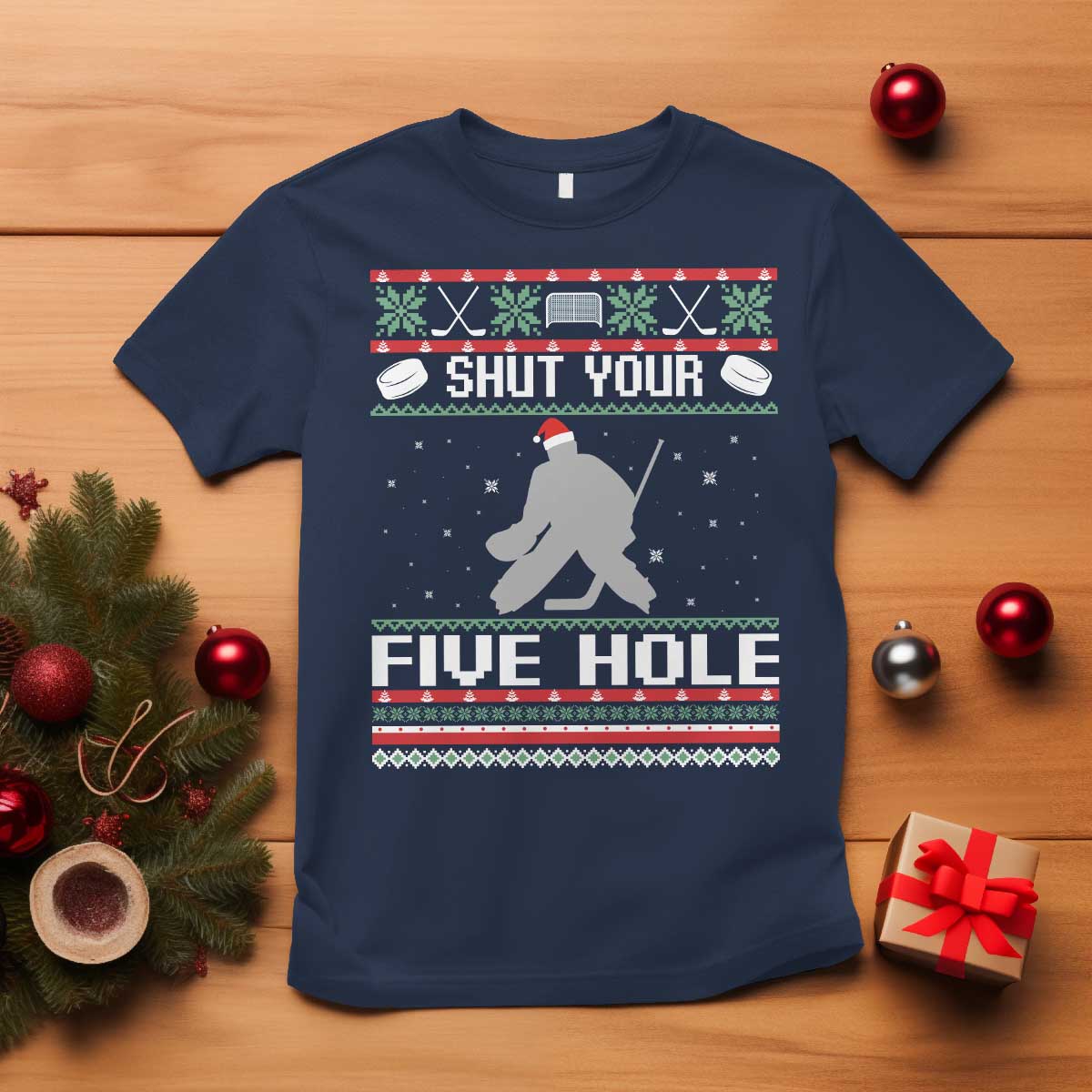 Funny Hockey Goalie Ugly Christmas Gift T Shirt Shut Your Five Hole TS12 Navy Print Your Wear