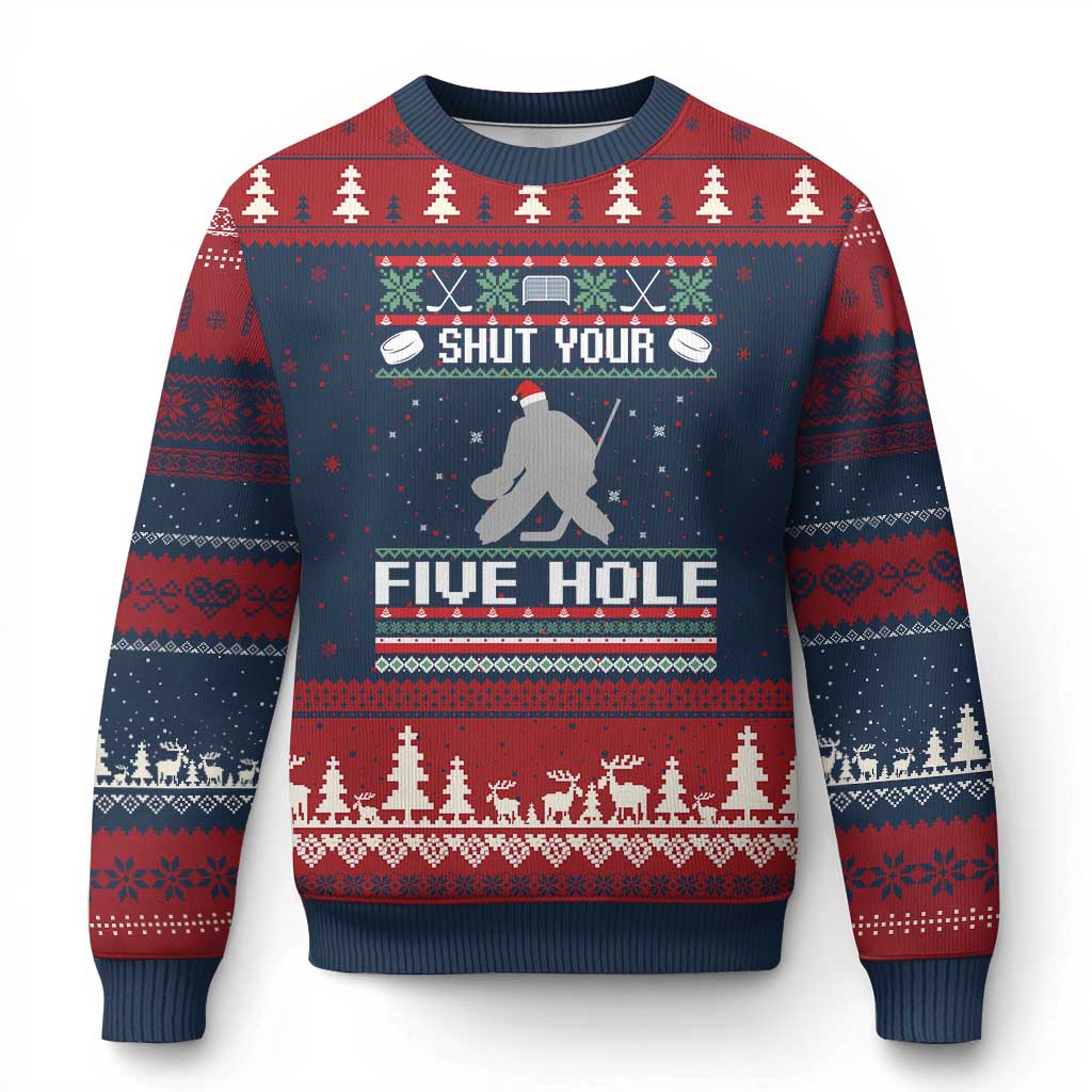 Funny Hockey Goalie Ugly Xmas Gift Ugly Christmas Sweater Shut Your Five Hole TS12 Navy Red Print Your Wear