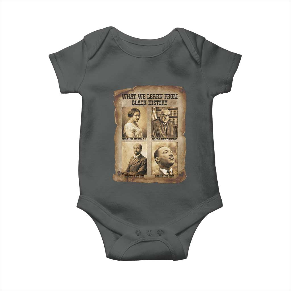What We Learn From Black History Baby Onesie Iconic African American Figures TS12 Dark Heather Print Your Wear