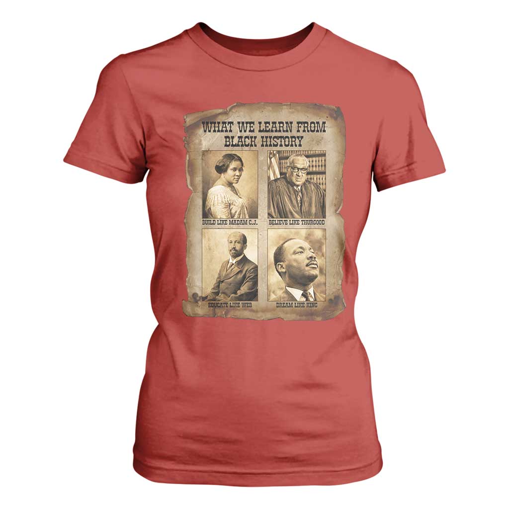 What We Learn From Black History T Shirt For Women Iconic African American Figures TS12 Red Print Your Wear