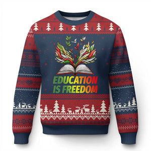 Education Is Freedom Ugly Christmas Sweater Inspirational Black Teacher Gift TS12 Navy Red Print Your Wear