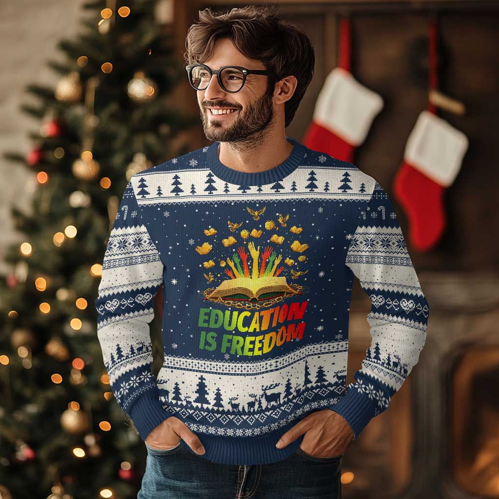 Education Is Freedom Ugly Christmas Sweater Black Education Teacher Gift TS12 Navy Beige Print Your Wear
