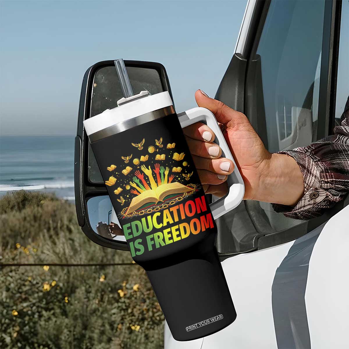 Education Is Freedom Tumbler With Handle Black Education Teacher Gift TS12 Print Your Wear