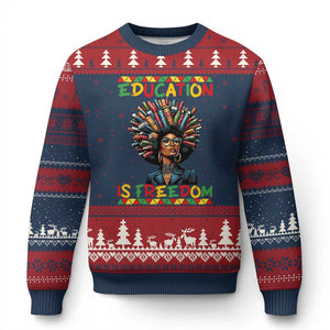 Education Is Freedom Ugly Christmas Sweater Black History Month Gift For Teachers TS12 Navy Red Print Your Wear