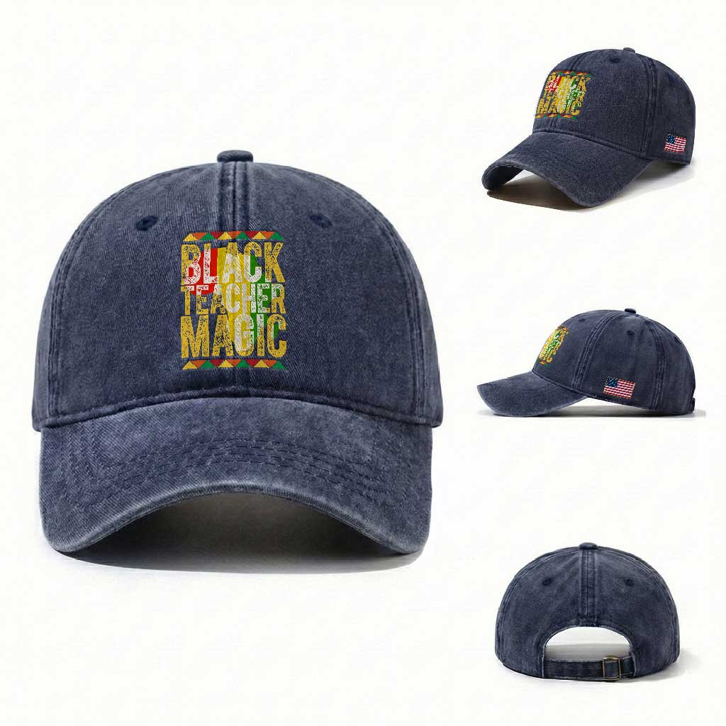 Black History Month Gift Washed Cotton Baseball Cap Black Teacher Magic TS12 Washed Cap Universal Fit Navy Print Your Wear