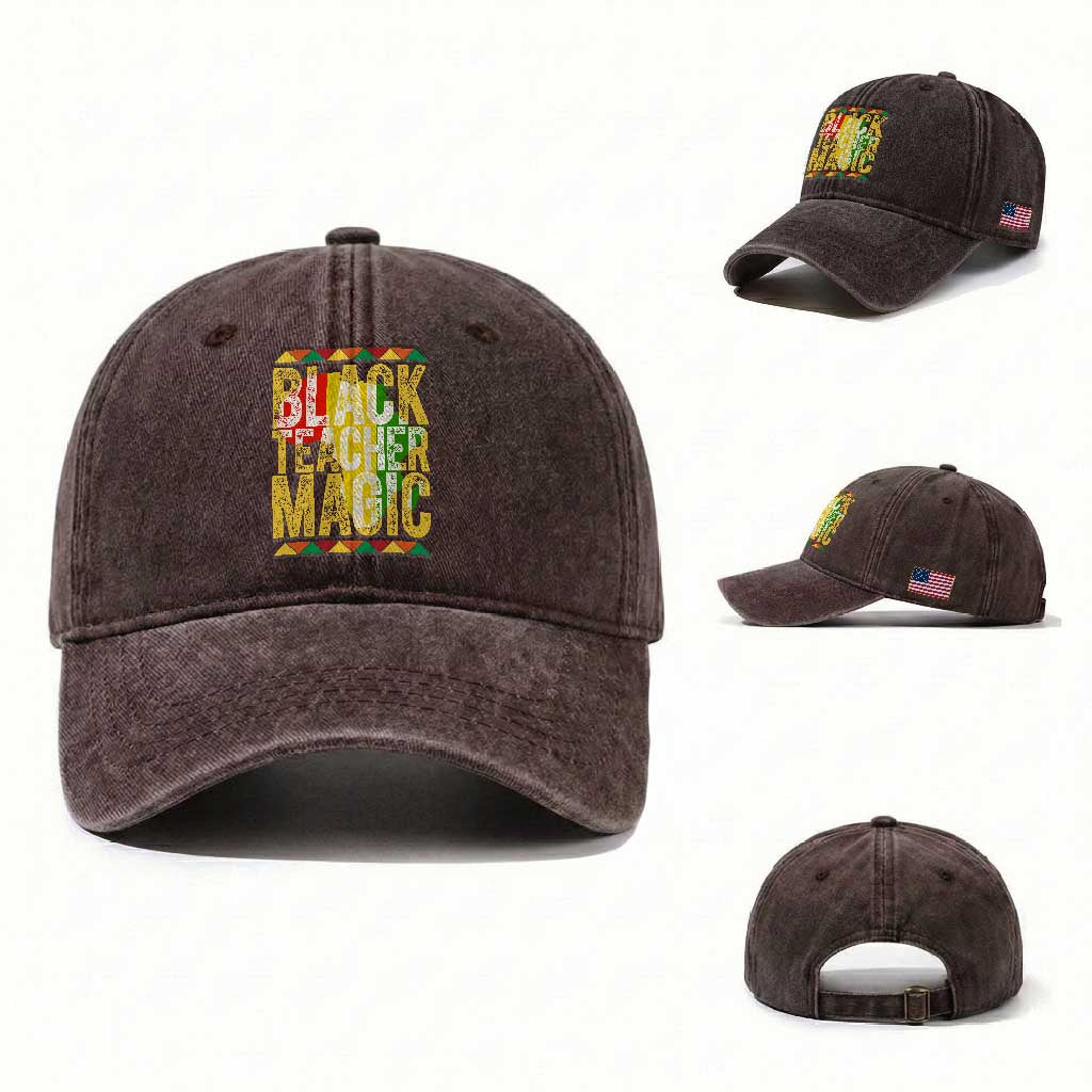 Black History Month Gift Washed Cotton Baseball Cap Black Teacher Magic TS12 Washed Cap Universal Fit Dark Brown Print Your Wear