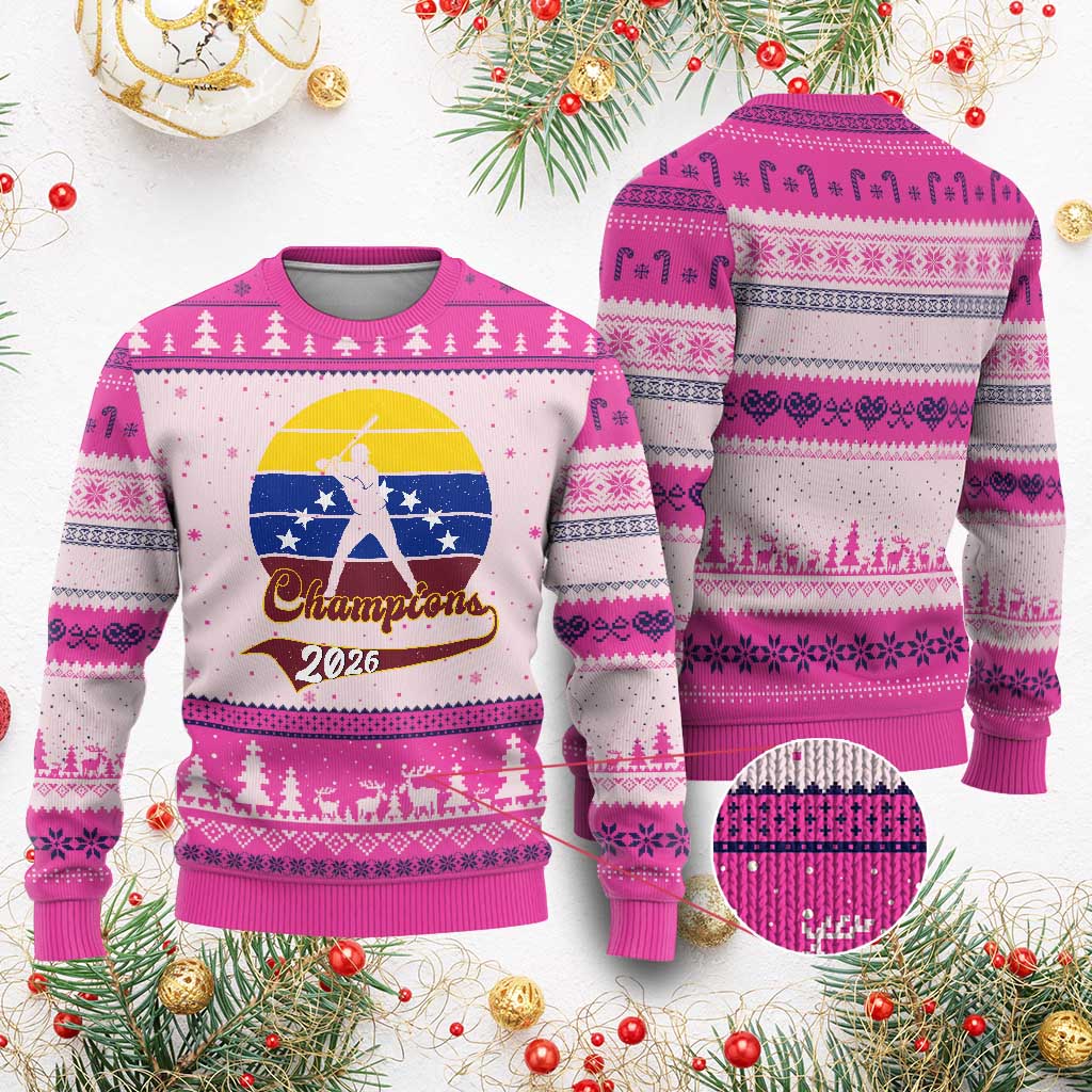 Vintage Venezuela 2026 Champions Ugly Christmas Sweater Patriotic Baseball Pride Gift TS12 Hot Pink Print Your Wear