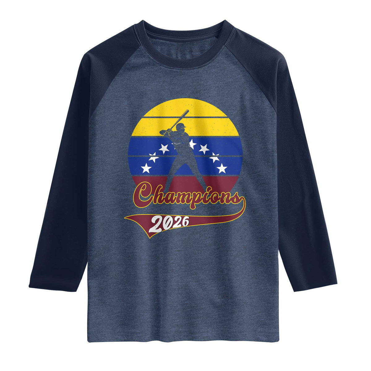 Vintage Venezuela 2026 Champions Raglan Shirt Patriotic Baseball Pride Gift TS12 Heather Denim Navy Print Your Wear