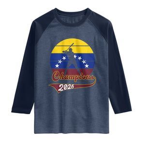 Vintage Venezuela 2026 Champions Raglan Shirt Patriotic Baseball Pride Gift TS12 Heather Denim Navy Print Your Wear