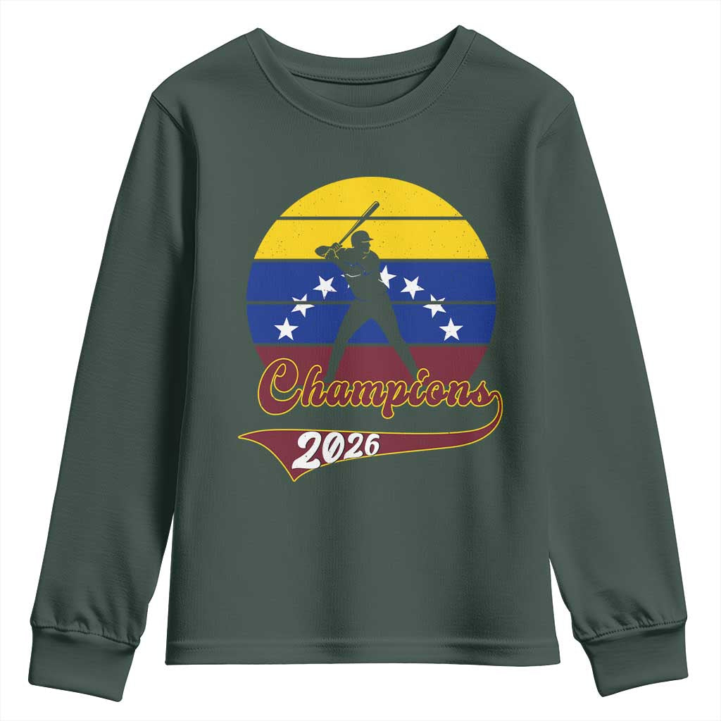 Vintage Venezuela 2026 Champions Youth Sweatshirt Patriotic Baseball Pride Gift TS12 Dark Forest Green Print Your Wear