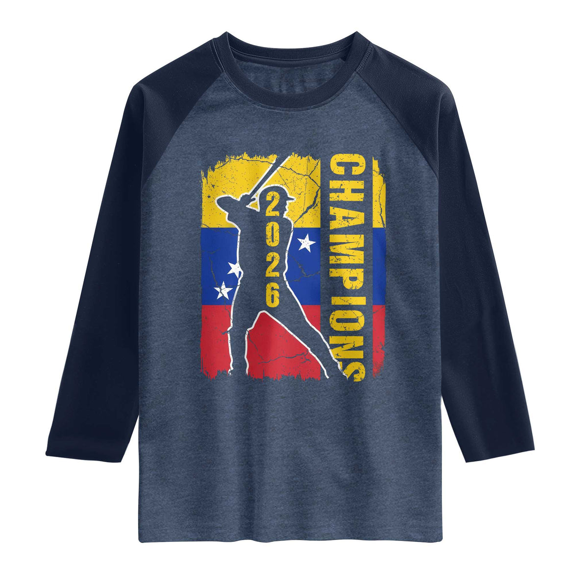 Venezuela 2026 Champions Raglan Shirt Baseball Vinotinto Pride Gift TS12 Heather Denim Navy Print Your Wear