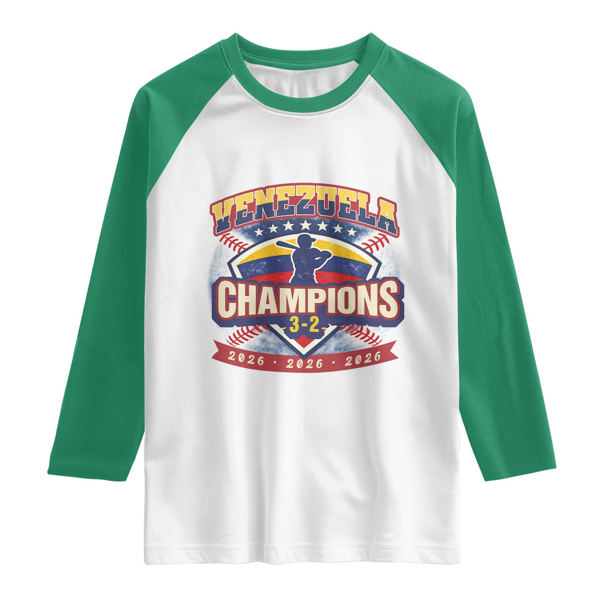 Venezuela 2026 Champions Raglan Shirt Baseball Fan Pride TS12 White Kelly Green Print Your Wear