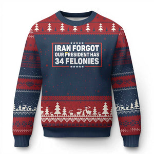 Iran Forgot Our President Has 34 Felonies Ugly Christmas Sweater Political Protest TS12 Navy Red Print Your Wear