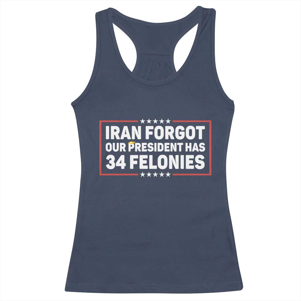 Iran Forgot Our President Has 34 Felonies Racerback Tank Top Political Protest TS12 Navy Print Your Wear