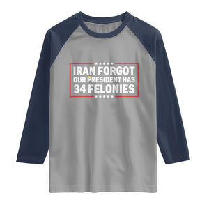 Iran Forgot Our President Has 34 Felonies Raglan Shirt Political Protest TS12 Sport Gray Navy Print Your Wear