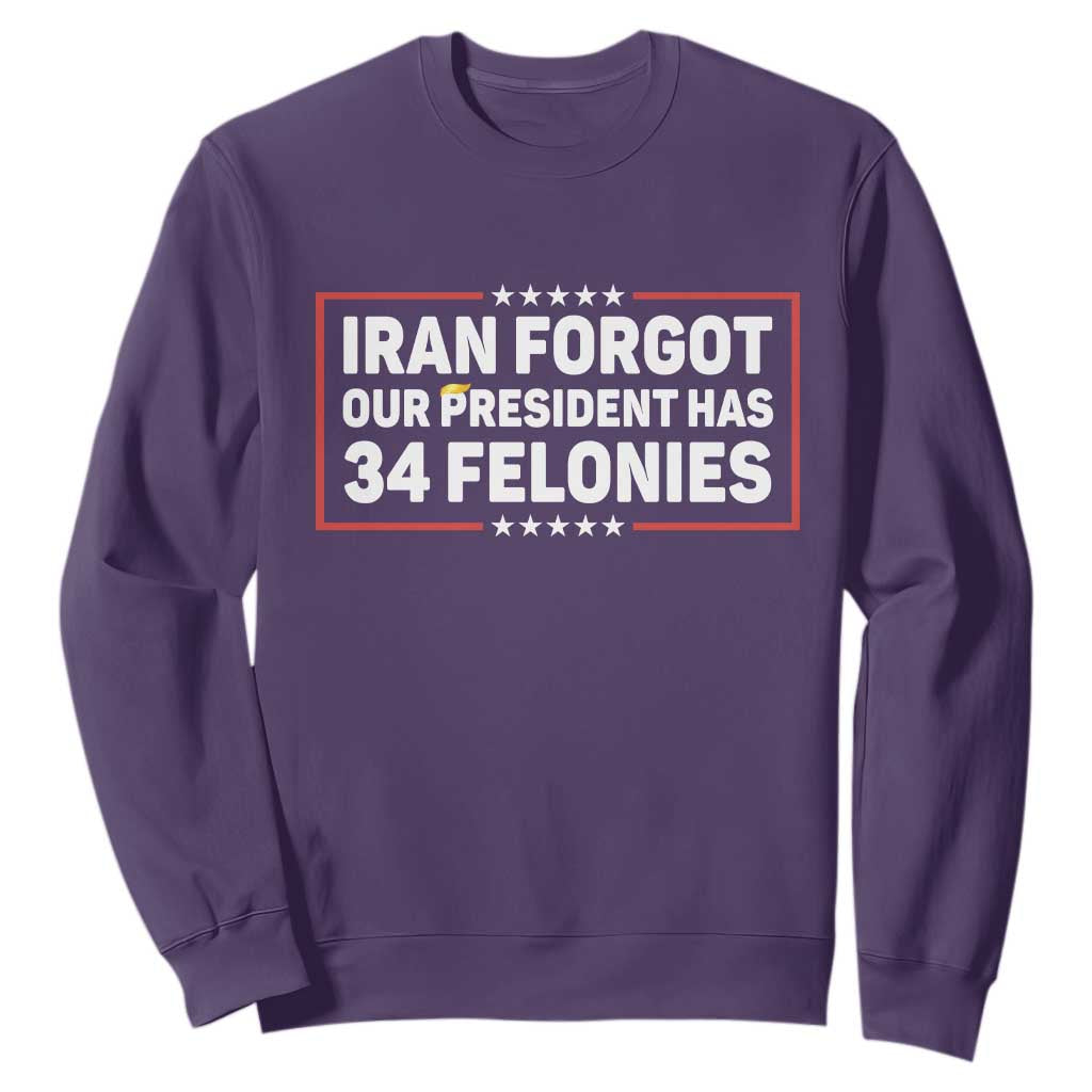 Iran Forgot Our President Has 34 Felonies Sweatshirt Political Protest TS12 Purple Print Your Wear