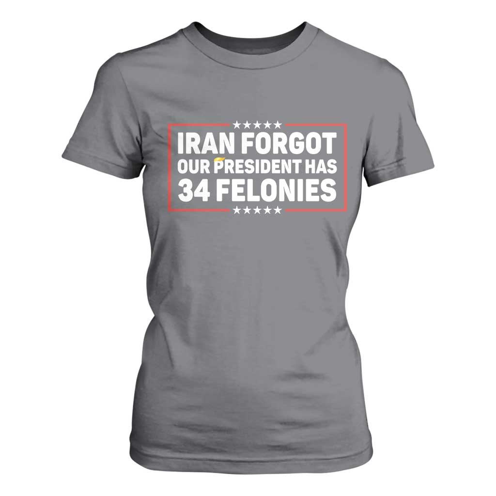 Iran Forgot Our President Has 34 Felonies T Shirt For Women Political Protest TS12 Charcoal Print Your Wear