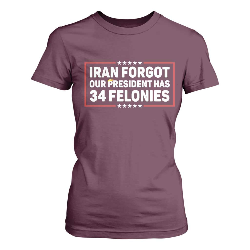 Iran Forgot Our President Has 34 Felonies T Shirt For Women Political Protest TS12 Maroon Print Your Wear