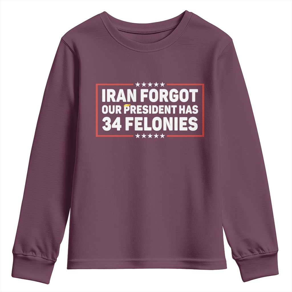 Iran Forgot Our President Has 34 Felonies Youth Sweatshirt Political Protest TS12 Maroon Print Your Wear