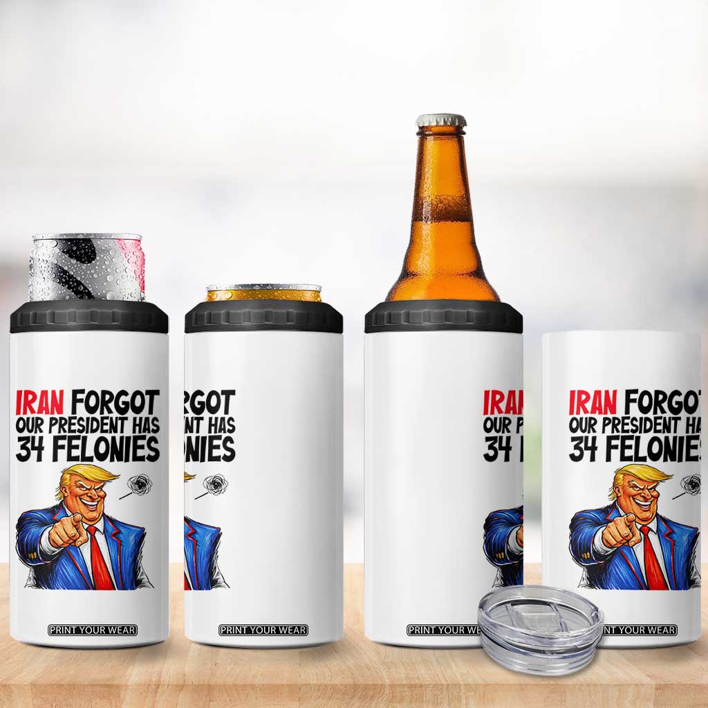 Iran Forgot Our President Has 34 Felonies 4 in 1 Can Cooler Tumbler Funny Political Satire TS12 Print Your Wear