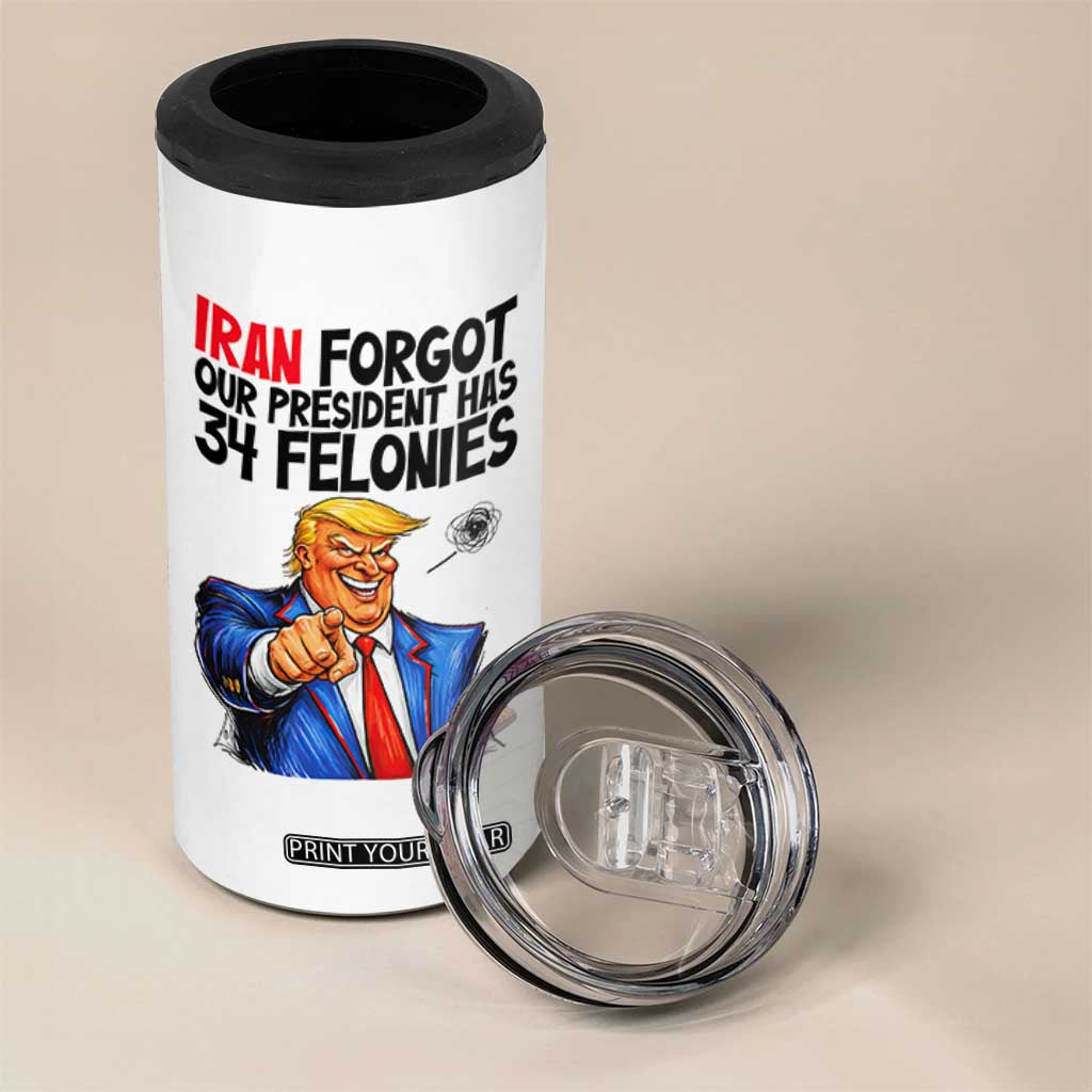Iran Forgot Our President Has 34 Felonies 4 in 1 Can Cooler Tumbler Funny Political Satire TS12 Print Your Wear