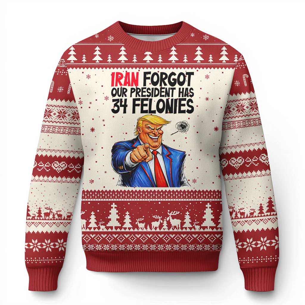 Iran Forgot Our President Has 34 Felonies Ugly Christmas Sweater Funny Political Satire TS12 Beige Red Print Your Wear
