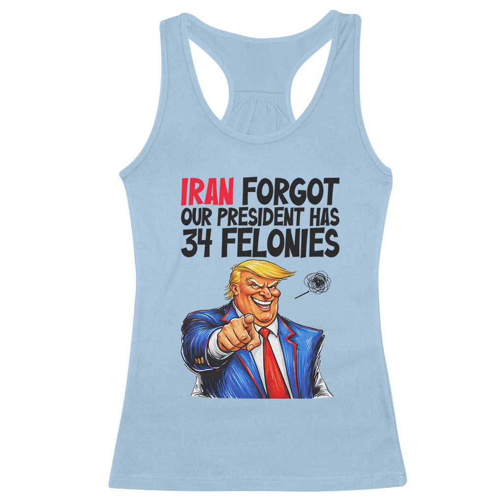 Iran Forgot Our President Has 34 Felonies Racerback Tank Top Funny Political Satire TS12 Light Blue Print Your Wear