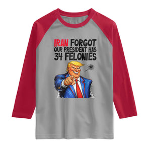 Iran Forgot Our President Has 34 Felonies Raglan Shirt Funny Political Satire TS12 Sport Gray Red Print Your Wear