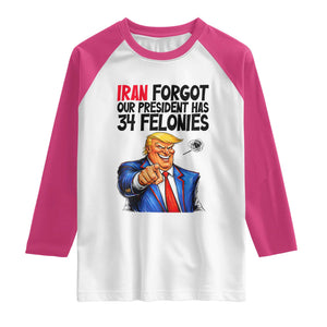 Iran Forgot Our President Has 34 Felonies Raglan Shirt Funny Political Satire TS12 White Heliconia Print Your Wear