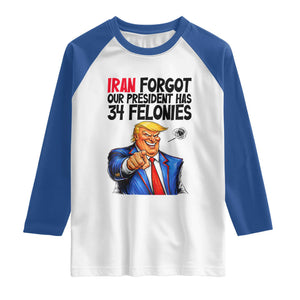 Iran Forgot Our President Has 34 Felonies Raglan Shirt Funny Political Satire TS12 White Royal Print Your Wear