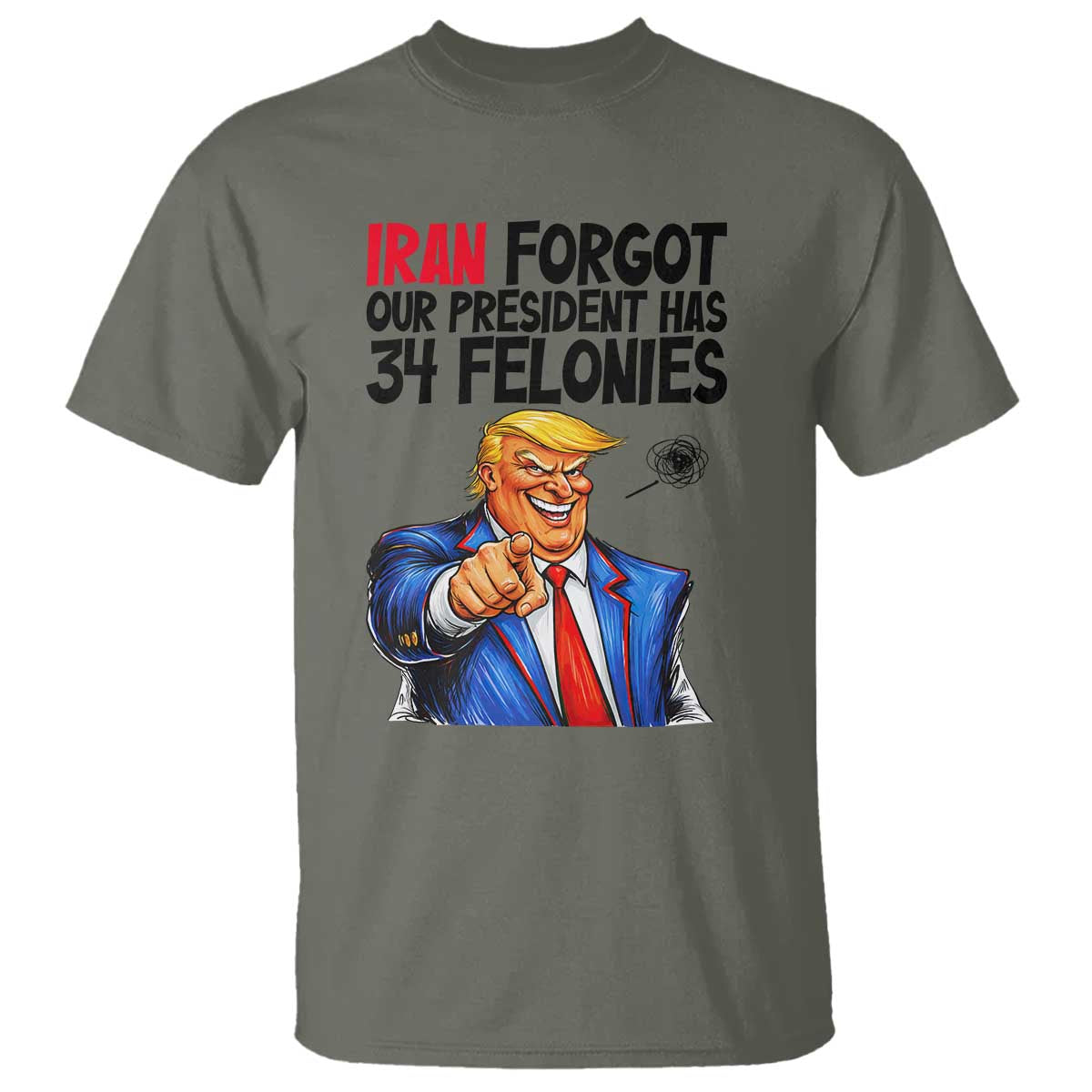 Iran Forgot Our President Has 34 Felonies T Shirt Funny Political Satire TS12 Military Green Print Your Wear