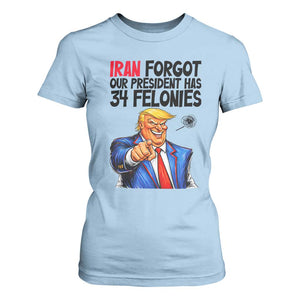 Iran Forgot Our President Has 34 Felonies T Shirt For Women Funny Political Satire TS12 Light Blue Print Your Wear