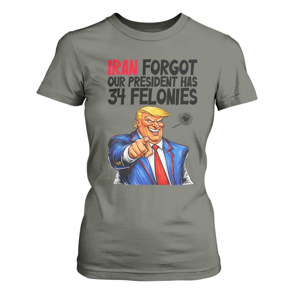 Iran Forgot Our President Has 34 Felonies T Shirt For Women Funny Political Satire TS12 Military Green Print Your Wear