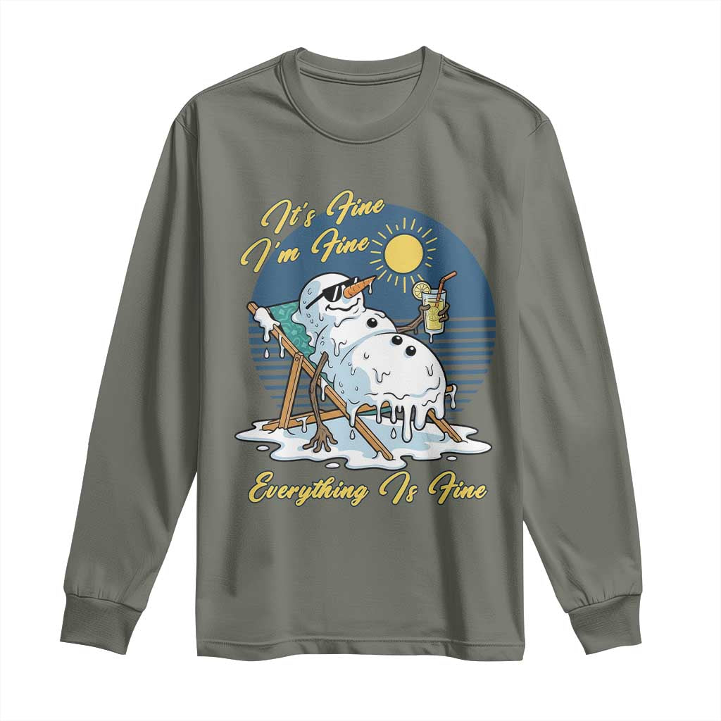 Melting Snowman Christmas In July Long Sleeve Shirt It Is Fine Everything Is Fine TS12 Military Green Print Your Wear