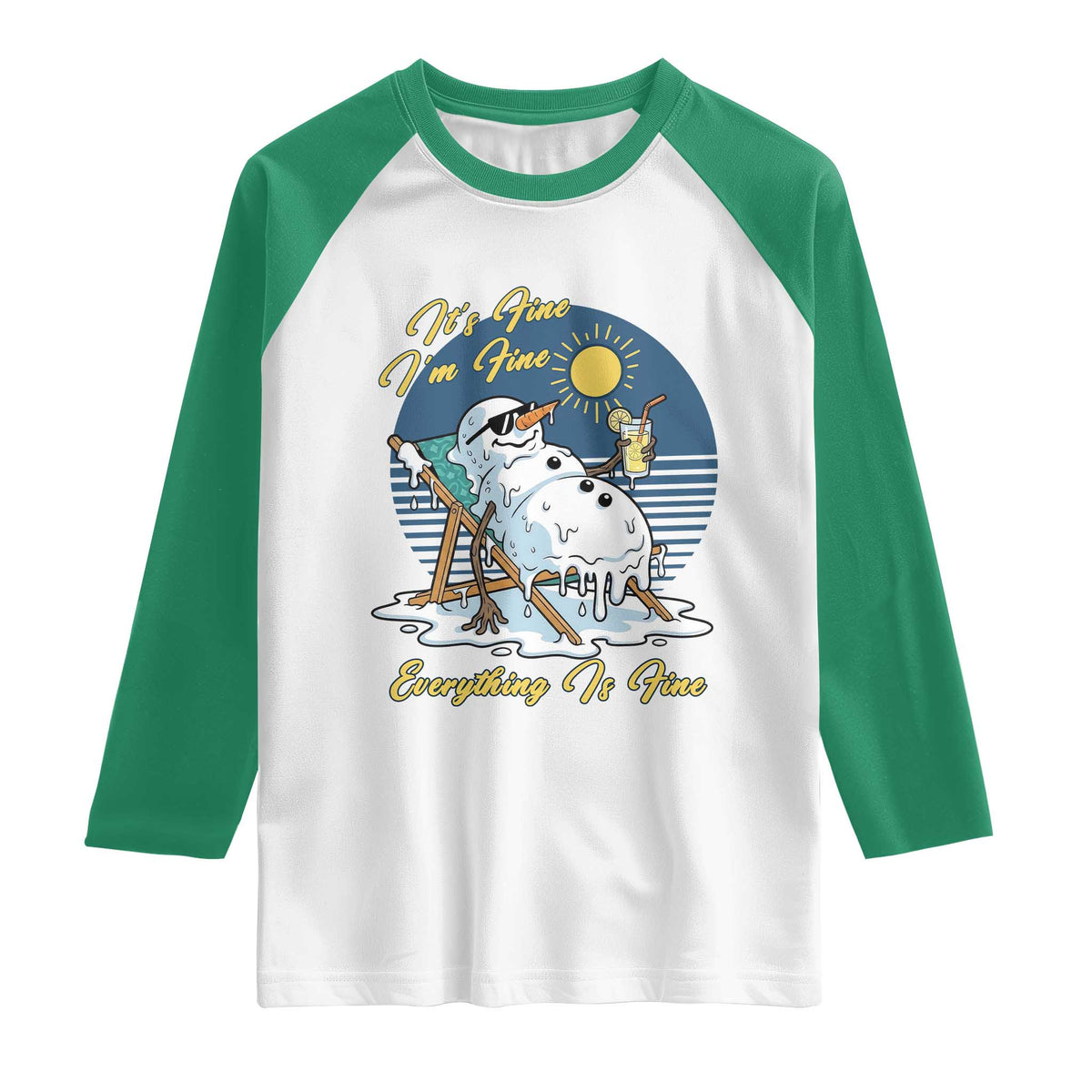 Melting Snowman Christmas In July Raglan Shirt It Is Fine Everything Is Fine TS12 White Kelly Green Print Your Wear