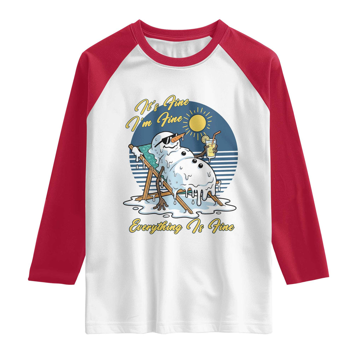 Melting Snowman Christmas In July Raglan Shirt It Is Fine Everything Is Fine TS12 White Red Print Your Wear