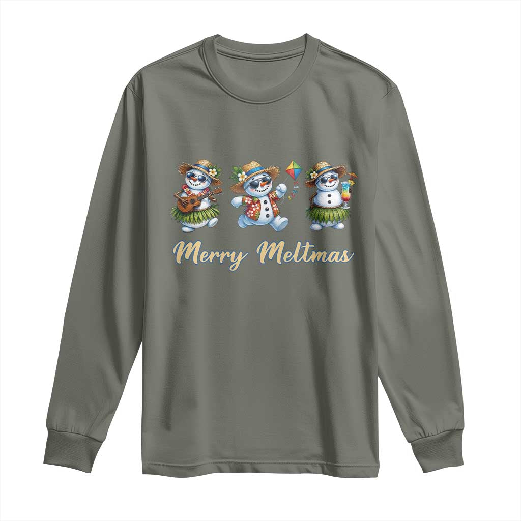 Funny Hawaiian Snowman Summer Graphic Long Sleeve Shirt Merry Meltmas TS12 Military Green Print Your Wear