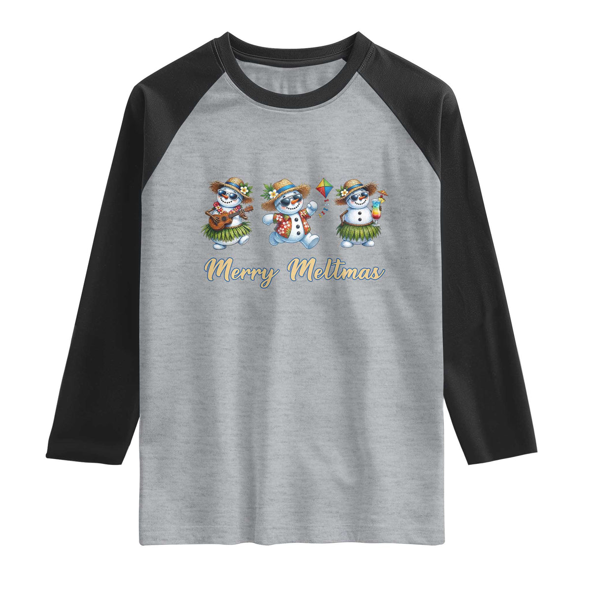 Funny Hawaiian Snowman Summer Graphic Raglan Shirt Merry Meltmas TS12 Heather Gray Black Print Your Wear