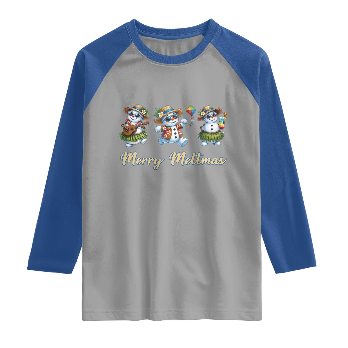 Funny Hawaiian Snowman Summer Graphic Raglan Shirt Merry Meltmas TS12 Sport Gray Royal Print Your Wear