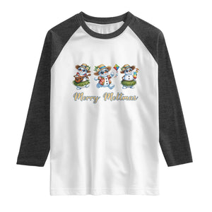 Funny Hawaiian Snowman Summer Graphic Raglan Shirt Merry Meltmas TS12 White Heather Charcoal Print Your Wear