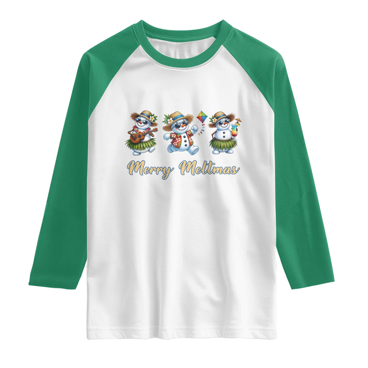 Funny Hawaiian Snowman Summer Graphic Raglan Shirt Merry Meltmas TS12 White Kelly Green Print Your Wear