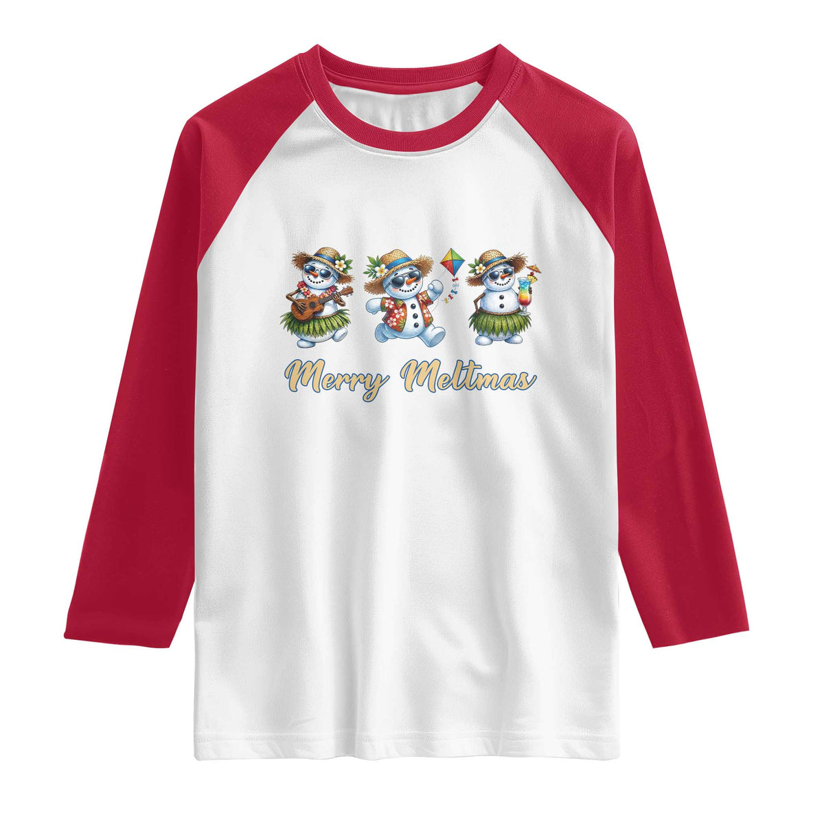 Funny Hawaiian Snowman Summer Graphic Raglan Shirt Merry Meltmas TS12 White Red Print Your Wear