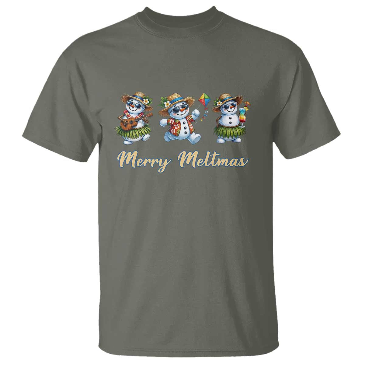 Funny Hawaiian Snowman Summer Graphic T Shirt Merry Meltmas TS12 Military Green Print Your Wear