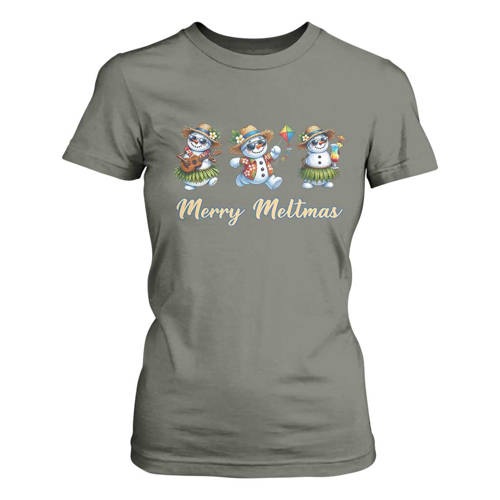 Funny Hawaiian Snowman Summer Graphic T Shirt For Women Merry Meltmas TS12 Military Green Print Your Wear